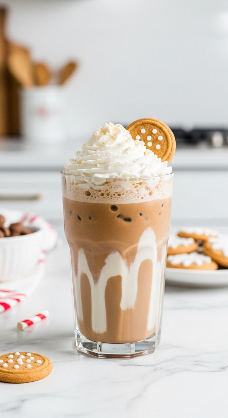 Layered iced Santa's Cookie Mocha with whipped cream and sugar cookies on a white marble countertop