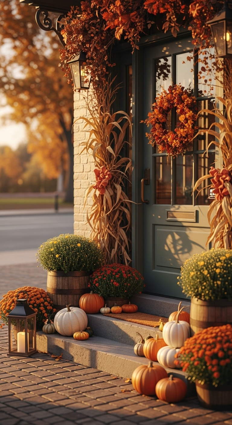 Leveraging seasonal decor for year round freshness with autumn themed pumpkins gourds wreath and mums at coffee shop entrance