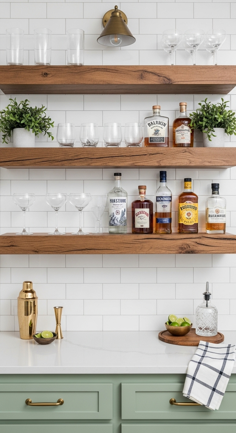 Library bar with sage green cabinets rustic wood floating shelves cocktail glasses and liquor bottles