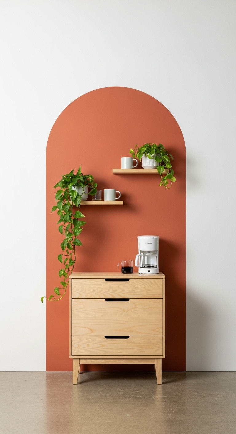 Light wood dresser against a terracotta painted arch framing a coffee nook with floating shelves and a white coffee maker