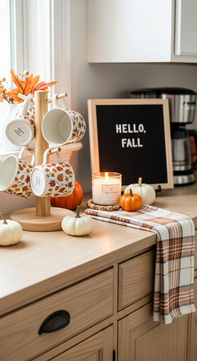 Light wood sideboard coffee bar decorated for autumn with a mug tree pumpkins and a lit candle