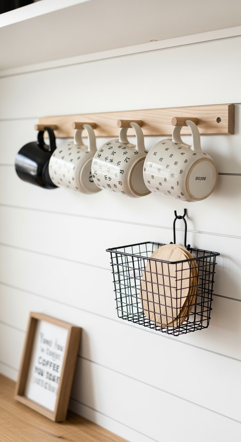 Light wooden peg rail on a white shiplap wall displaying four ceramic mugs and a black wire basket with coffee filters