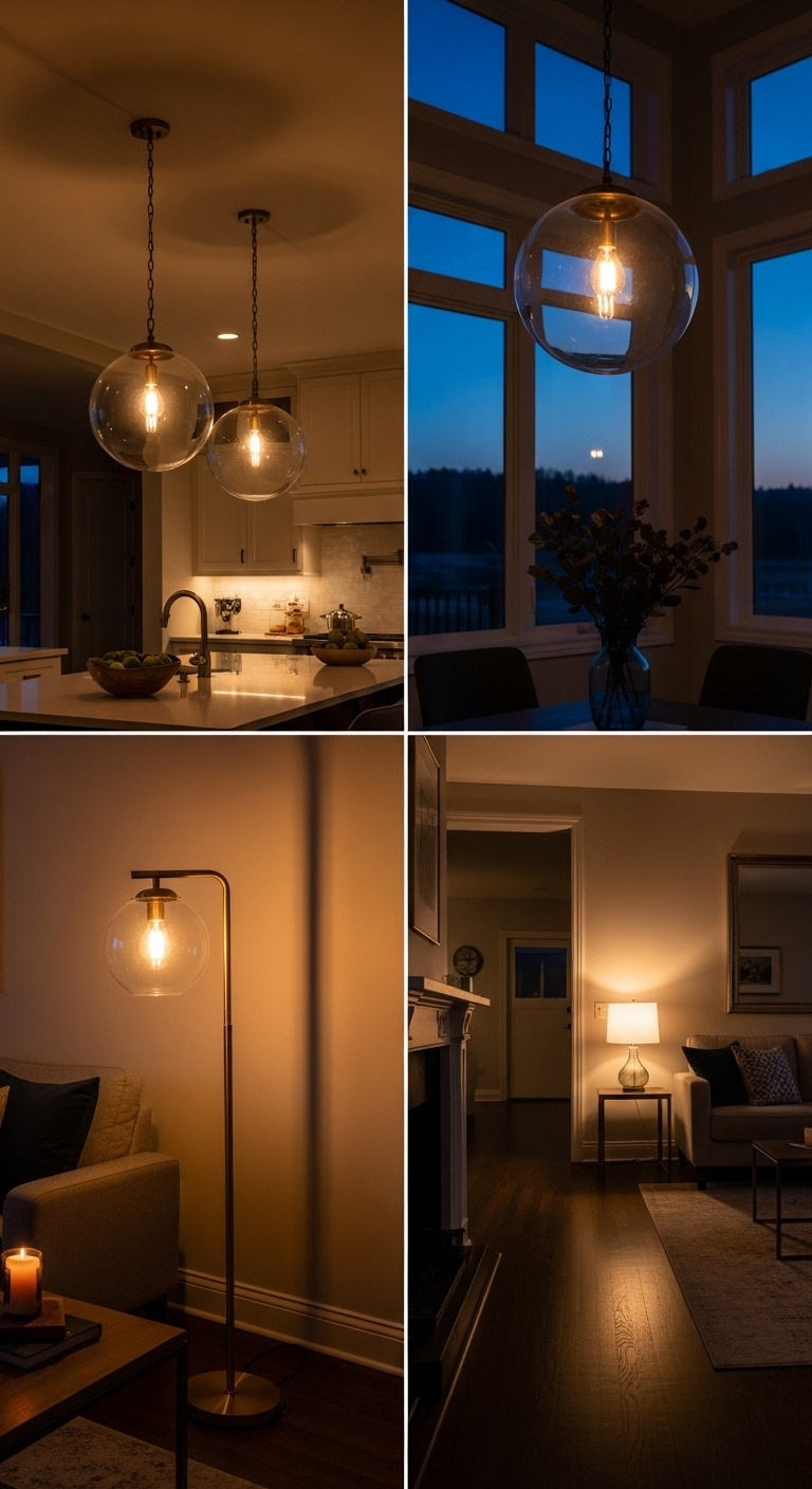 Lighting connection with identical glass globe pendants over kitchen island and matching floor lamp in living area