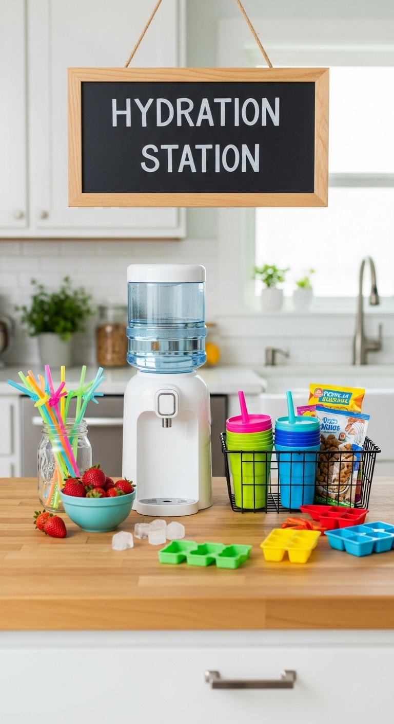 Low-profile kitchen counter area set up as a kids' drink station with a water dispenser cups and snacks