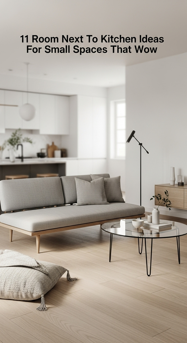 Low-profile scaled furniture light gray sofa glass coffee table in small living area next to kitchen