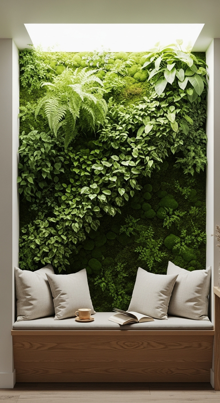 Lush living wall with ferns pothos and mosses illuminated by a skylight behind a cozy seating nook in a contemporary coffee shop