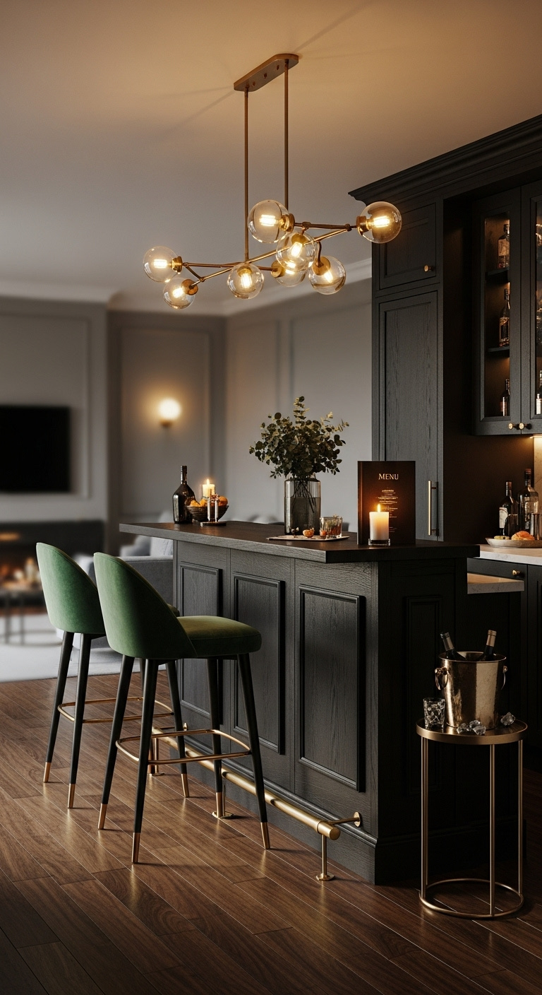 Luxe lounge extension bar off kitchen with dark wood, brass footrail, and emerald green velvet stools