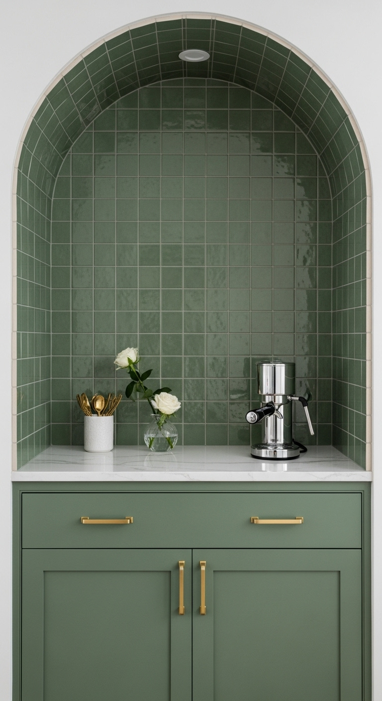 Luxurious arched coffee nook with sage green Zellige tiles matching cabinets white marble and gold handles