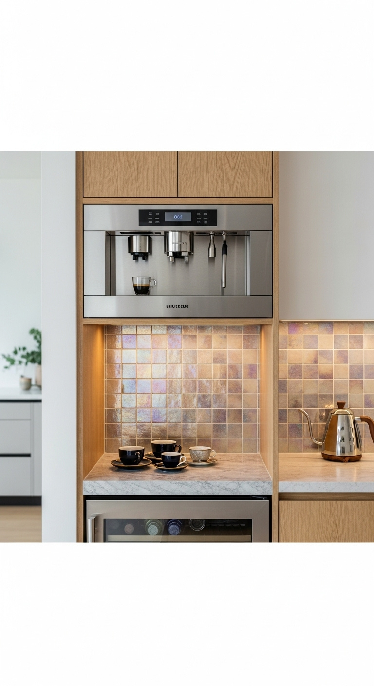 Luxurious built-in barista bar in a kitchen alcove with a stainless steel coffee machine and iridescent zellige tiles