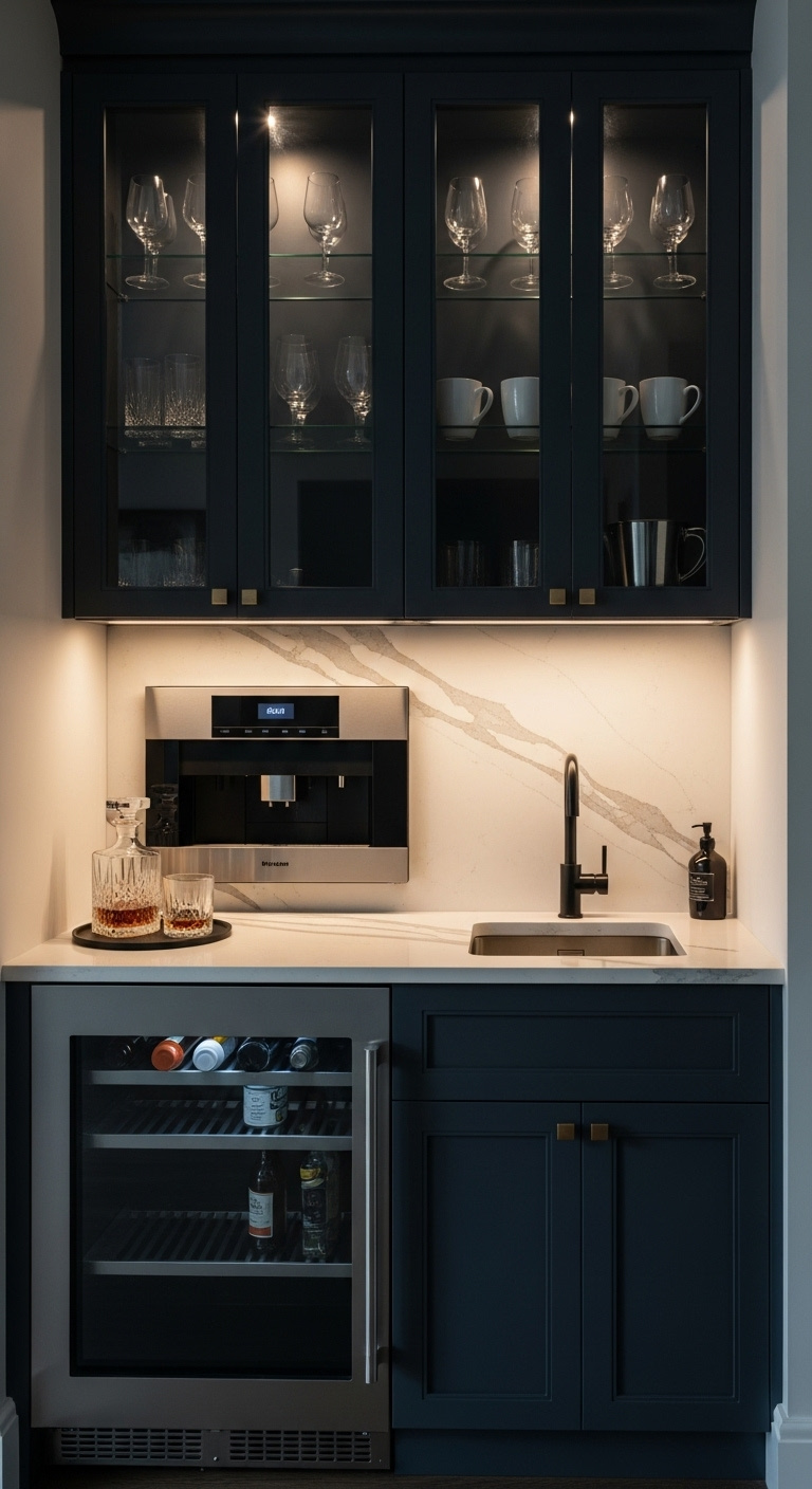 Luxurious built-in wet bar and coffee hub with navy cabinets, quartz counter, and integrated espresso machine