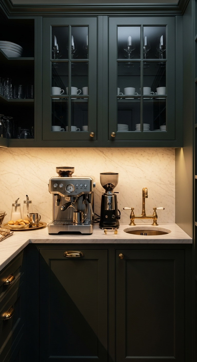 Luxurious butler's pantry with dark green cabinetry marble countertop built-in espresso machine brass sink and glassware display