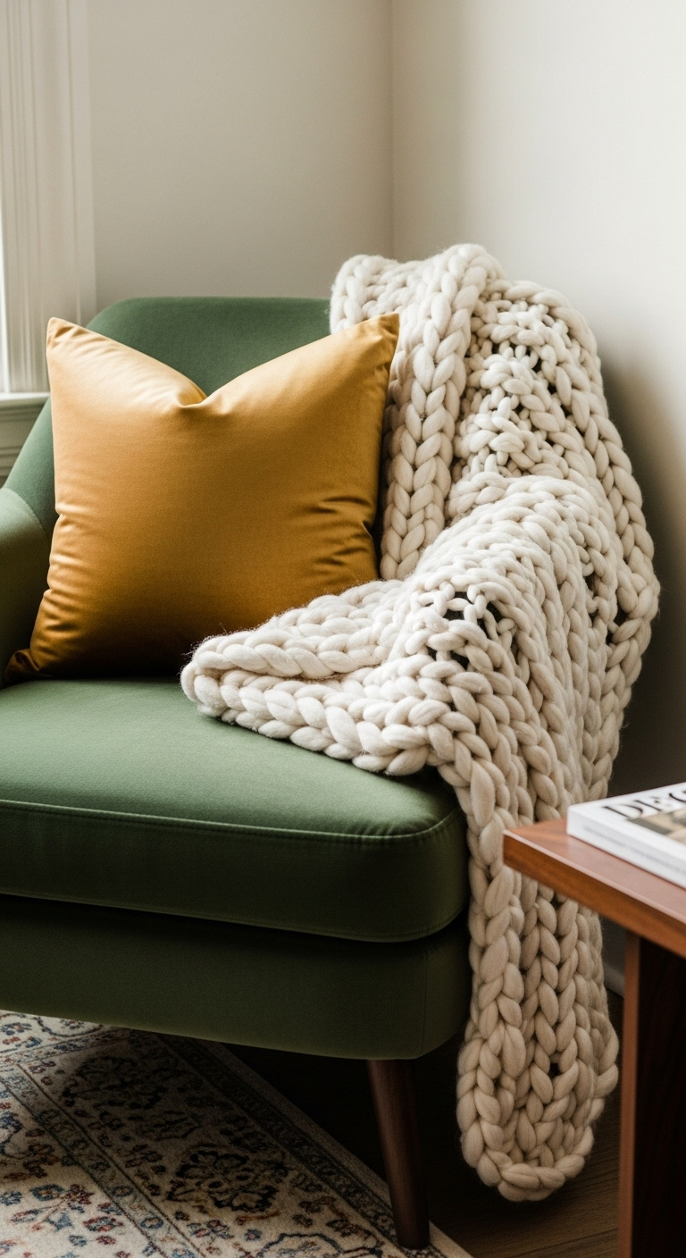 Luxurious client waiting area with emerald velvet armchair ochre silk cushion and cream wool throw evoking an inviting expensive mood
