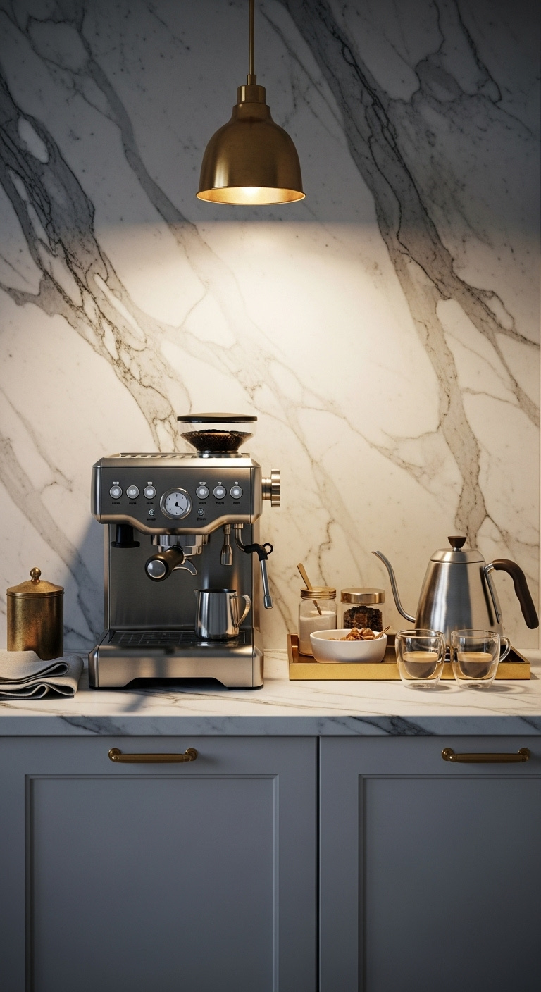 Luxurious coffee nook with stainless steel espresso machine, white marble countertop, gold accents, and elegant brass canister