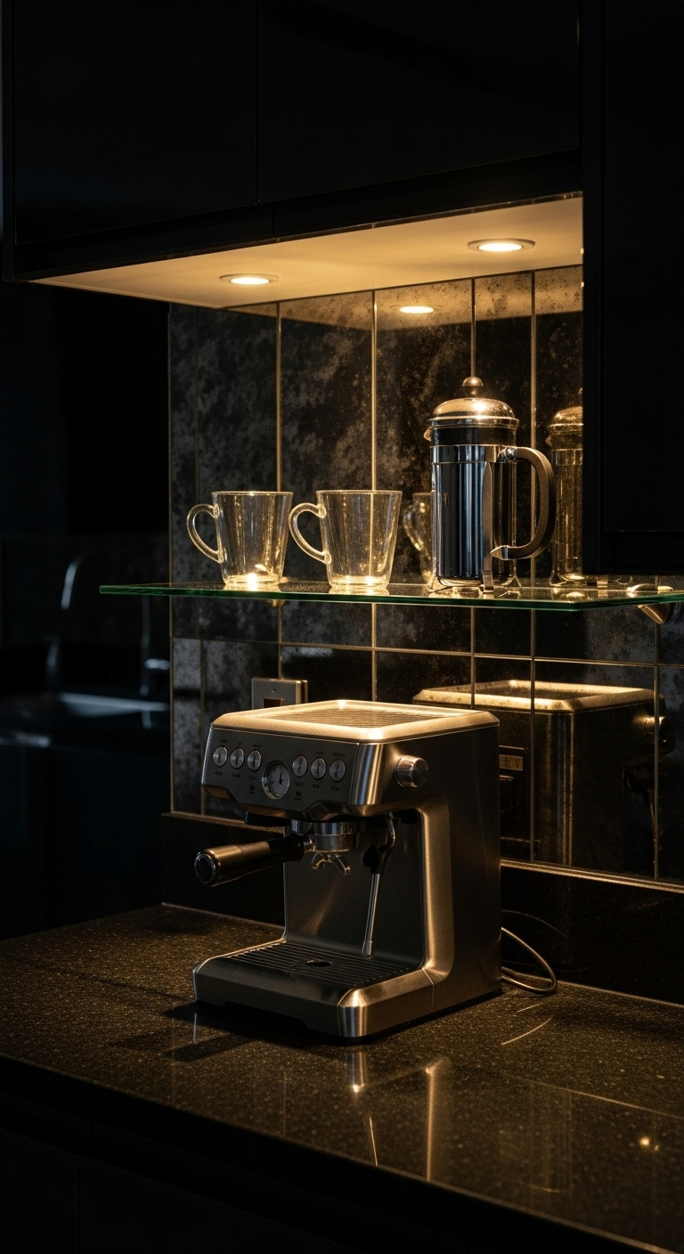 Luxurious coffee station with a glass floating shelf, warm LED lighting, chrome French press, and espresso machine on black granite