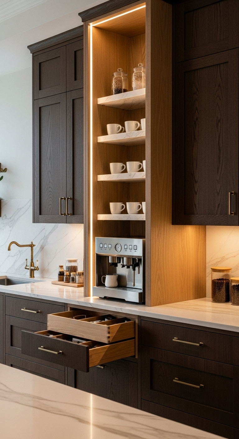 Luxurious integrated coffee bar with dark wood cabinetry, white oak interior, marble shelves, stainless steel machine, and LED lighting