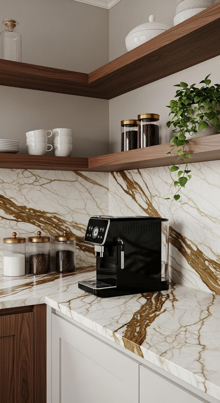 Luxurious modern coffee bar with walnut wood shelves Calacatta gold marble and black coffee machine under natural light