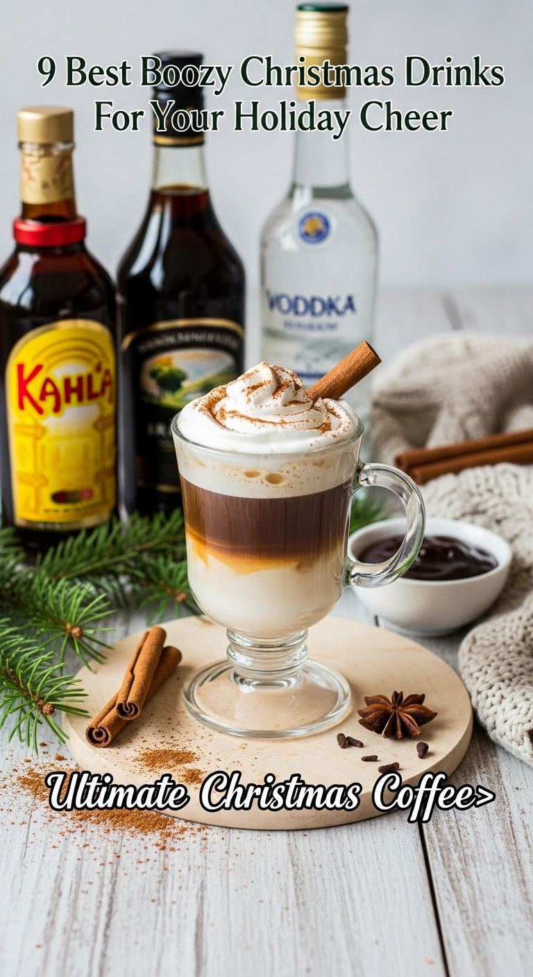 Luxury Christmas Coffee with amaretto whipped cream, Kahlúa, vodka, and Irish cream on a wooden surface with pine needles