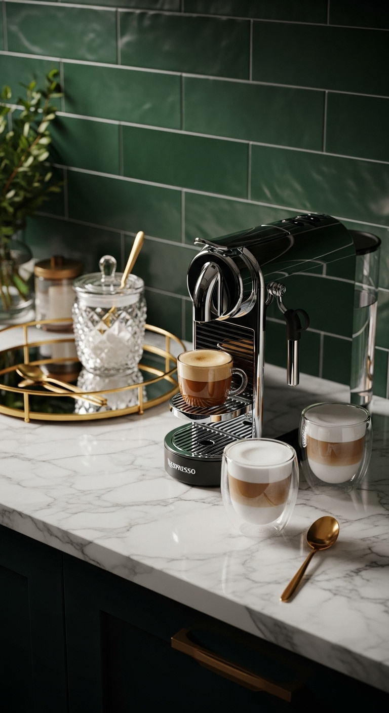 Luxury Nespresso coffee bar with chrome Creatista Pro machine on marble countertop and emerald tile backsplash
