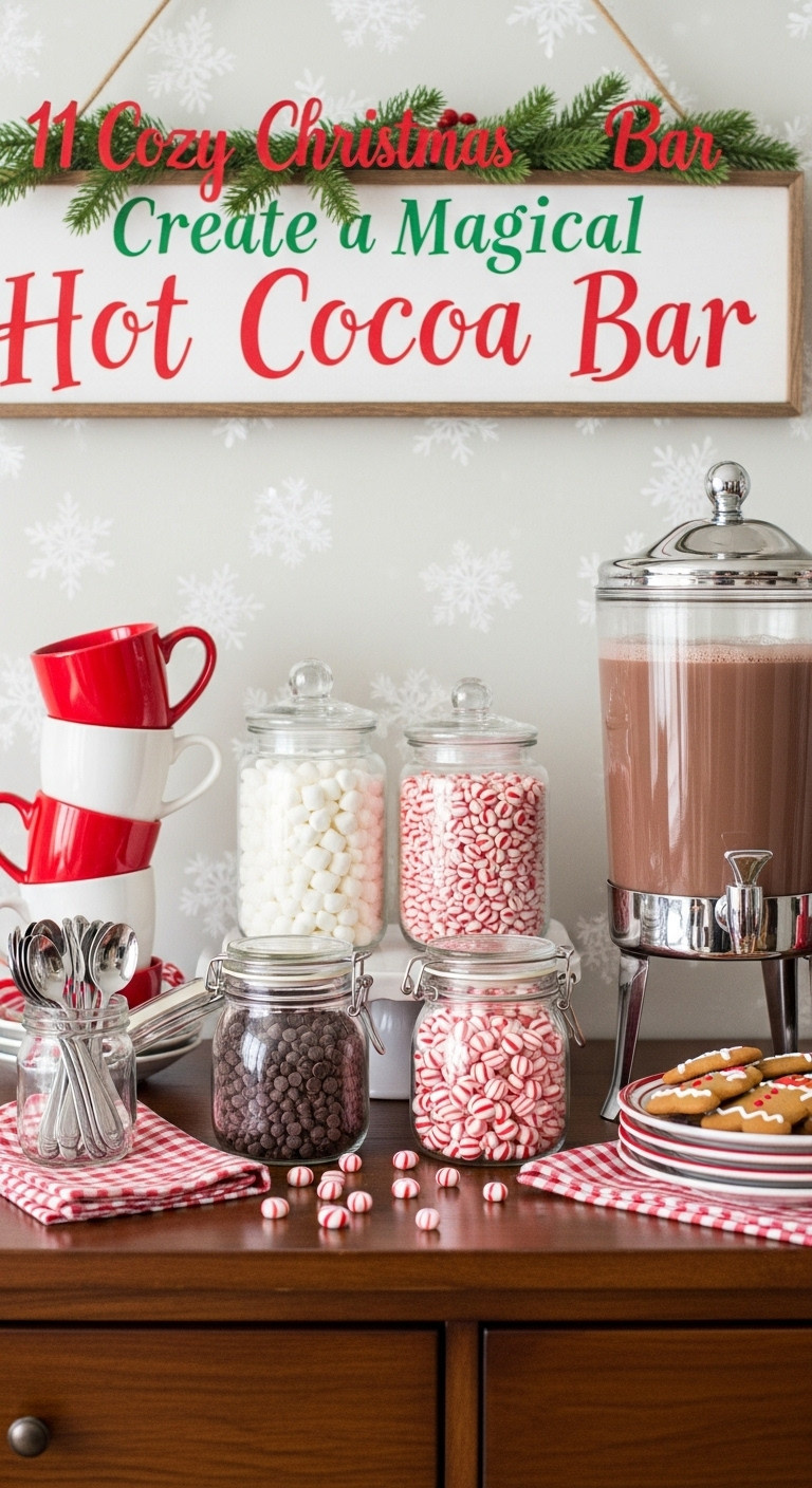 Magical hot cocoa bar with jars of marshmallows chocolate chips peppermints a dispenser and Christmas mugs on a dark wood table