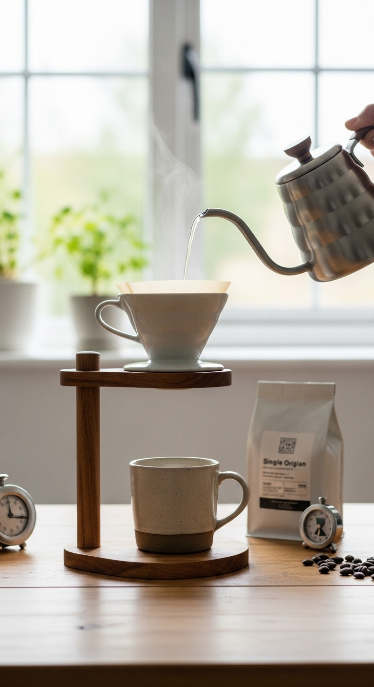 Manual pour-over coffee stand with wooden base white ceramic dripper and gooseneck kettle brewing on rustic wood table
