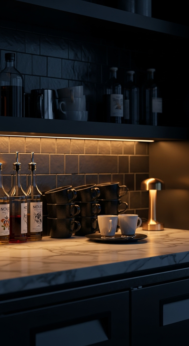Marble coffee bar at dusk with warm under-cabinet LED lighting, glass syrup bottles, and dark ceramic mugs