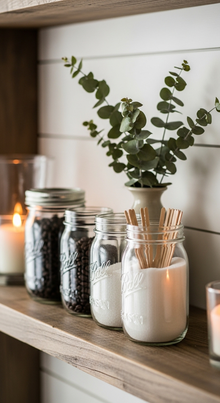 Mason jar and eucalyptus accent coffee bar with jars of coffee beans sugar and stir sticks on a rustic wood shelf