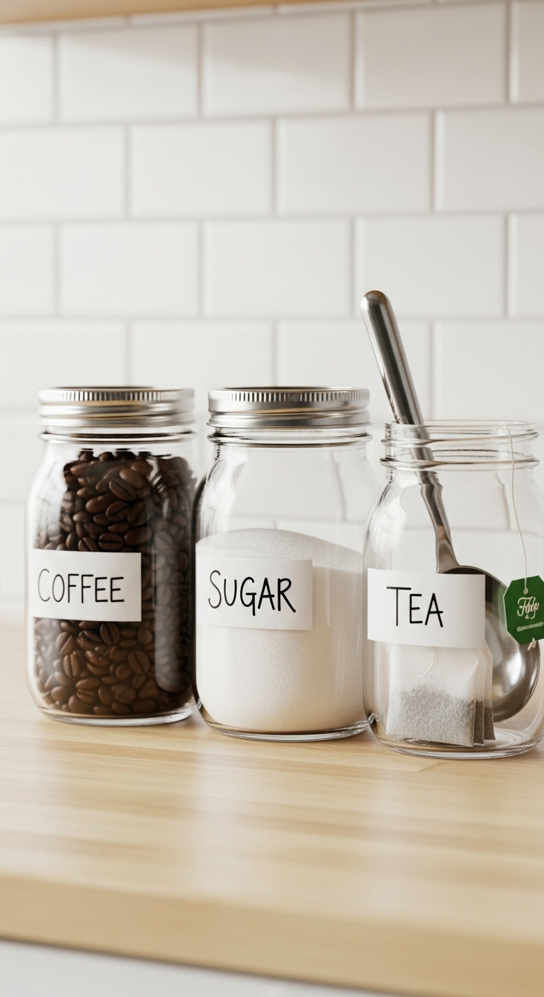 Mason jar storage for coffee sugar and tea with hand-lettered labels on light wood countertop with white tile backsplash