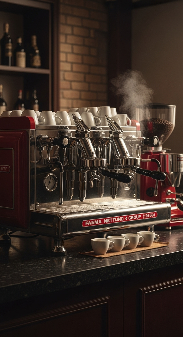 Massive restored 1950s Faema Nettuno 4 group espresso machine with chrome details cups grinder and steam on granite bar top