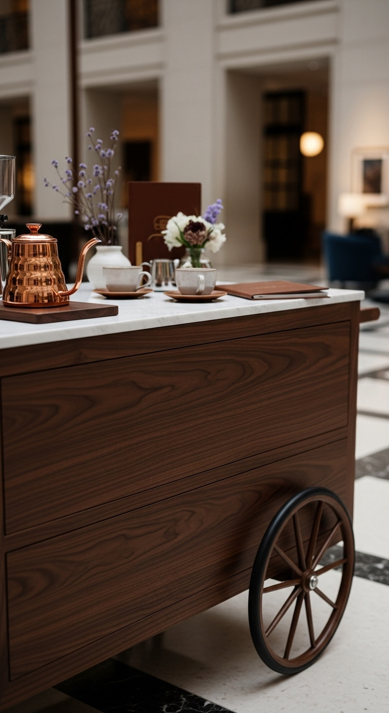 Masterfully crafted dark walnut wood coffee cart with a pristine white marble top in a luxury hotel lobby