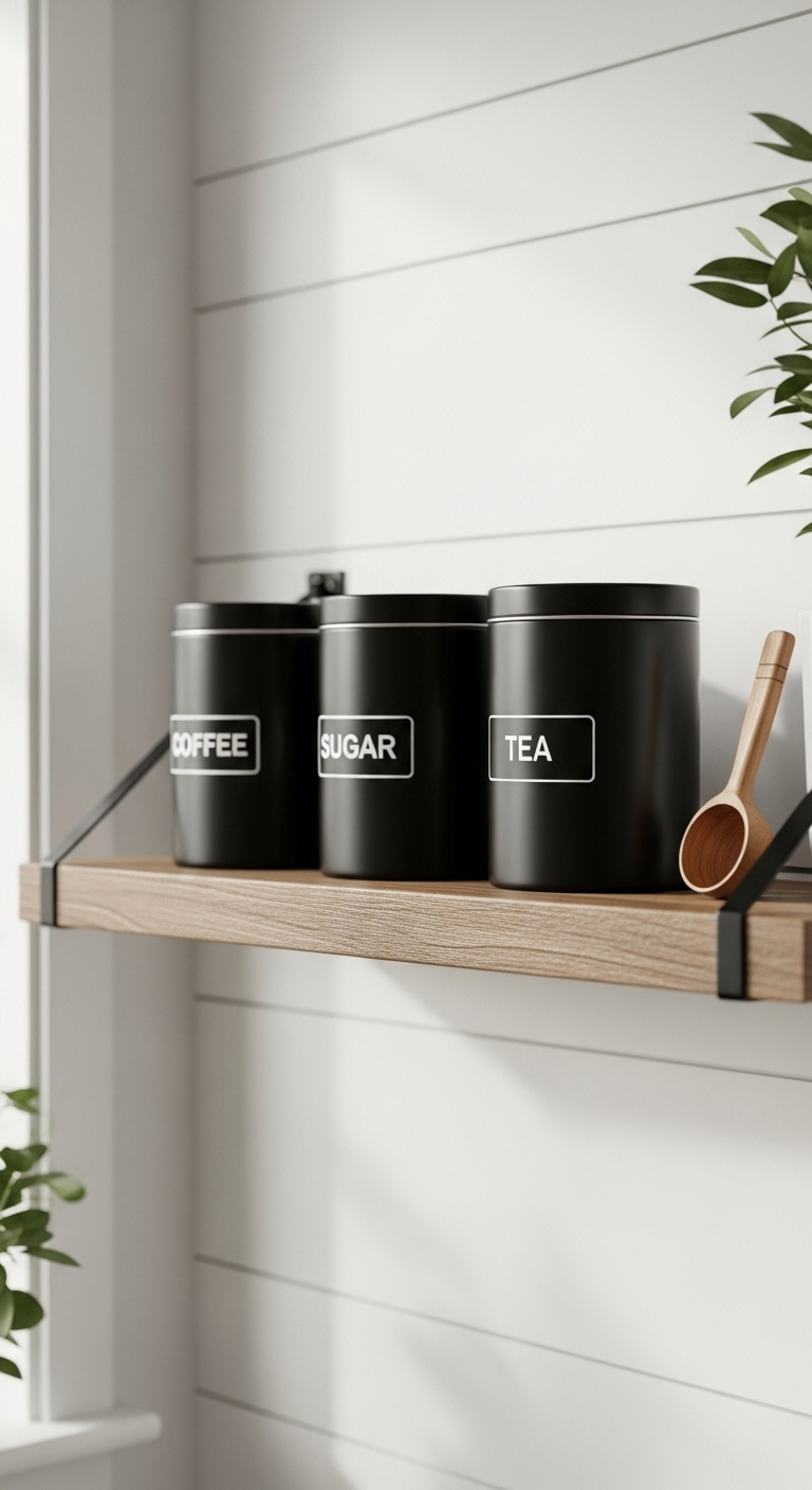 Matte black airtight canisters labeled coffee sugar tea on a floating wooden shelf with a wooden scoop and plant