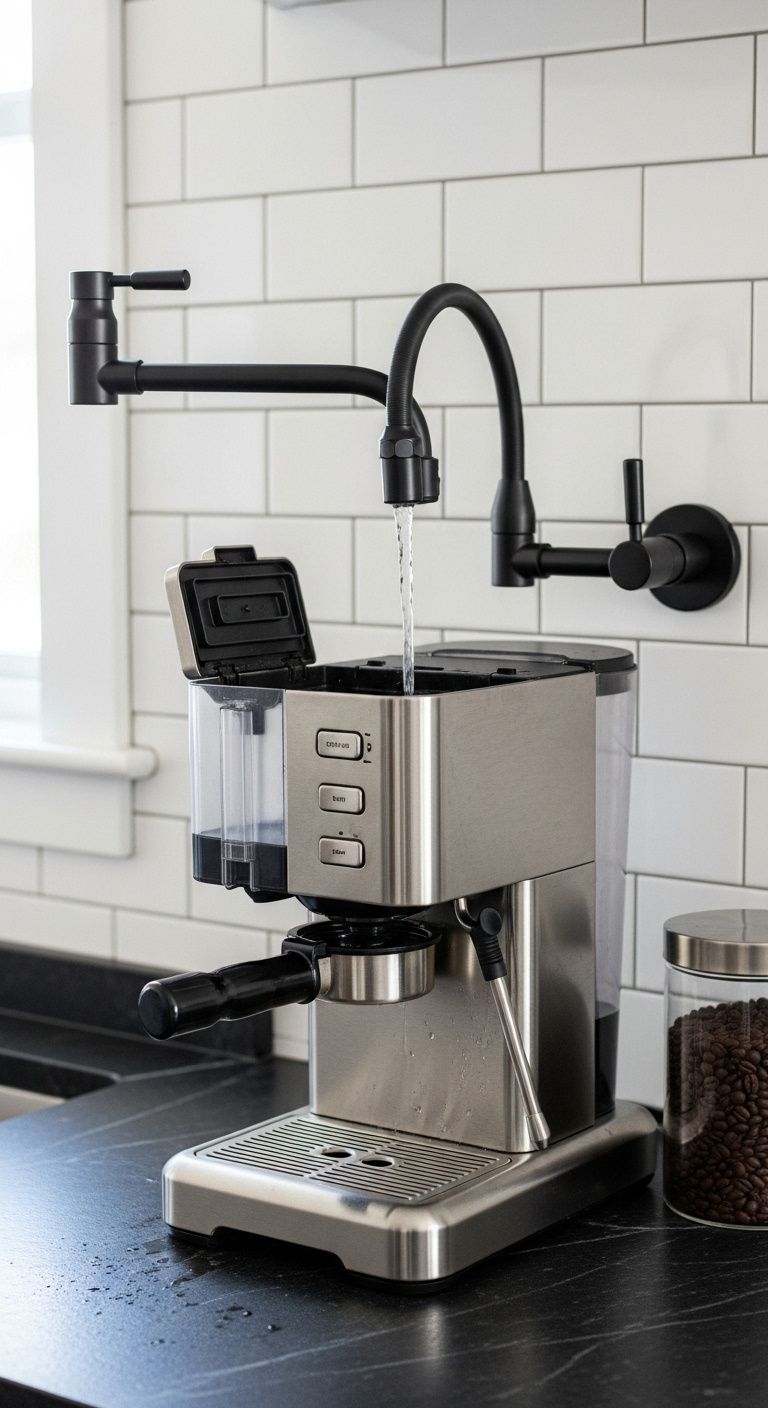 Matte black pot filler faucet extended over a stainless steel drip coffee machine filling with water on a soapstone countertop