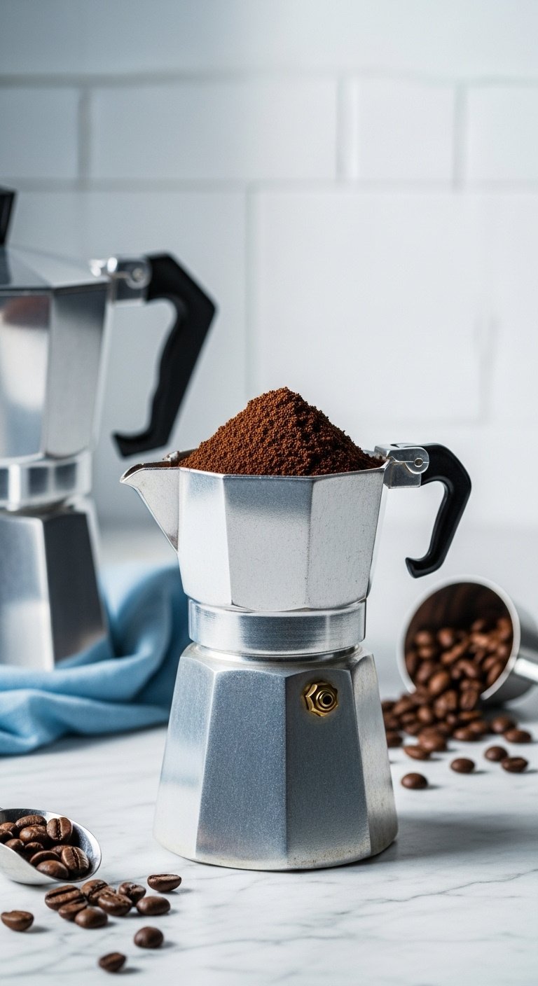 Metal filter funnel of a Moka pot filled perfectly level with medium fine ground coffee on a marble countertop