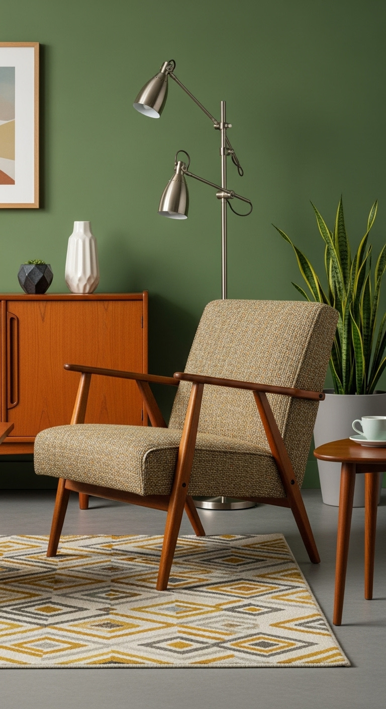 Mid century modern classic coffee shop interior with armchair tapered wooden legs tweed upholstery and avocado green wall