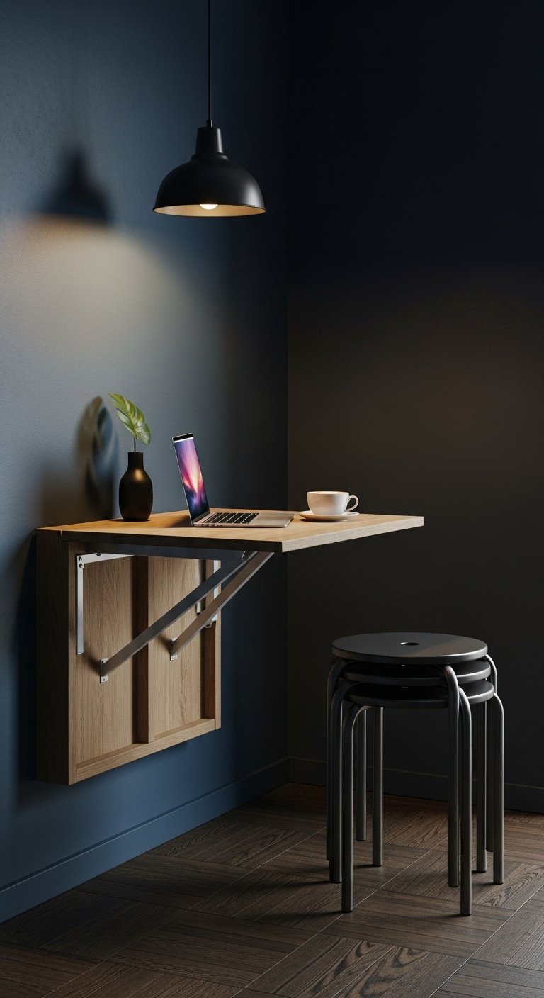 Mini cafe corner with foldable light oak table, latte, laptop, minimalist metal stools, and a single green leaf in an elegant, minimalist style