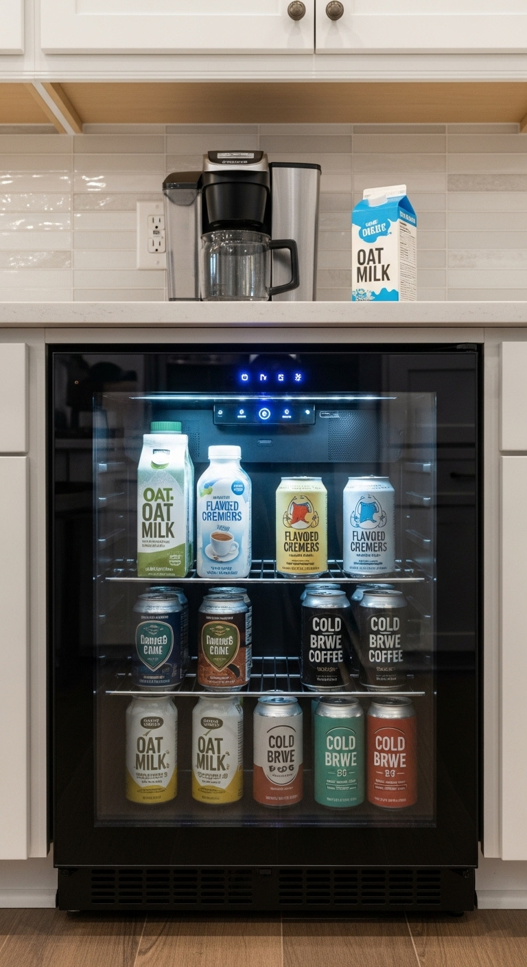 Mini-fridge built into pantry cabinetry showcasing oat milk creamers and cold brew coffee