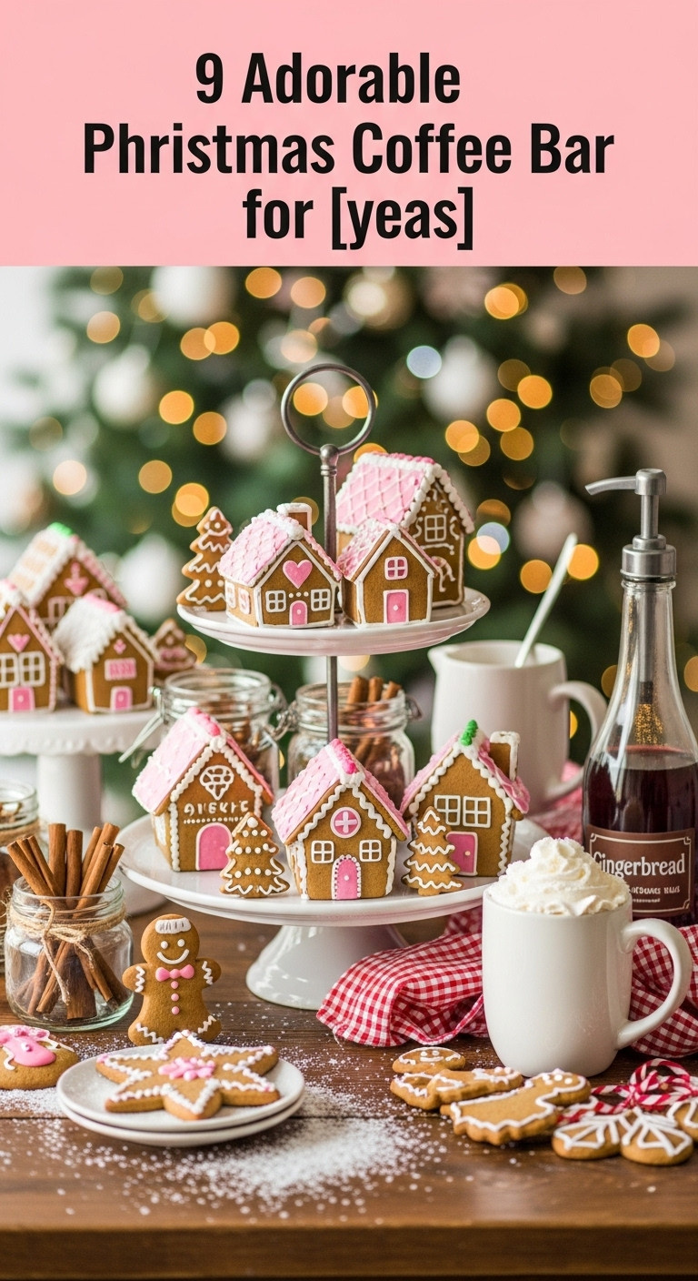 Miniature gingerbread houses with pink icing gingerbread man mugs and syrup dispenser on a tiered tray