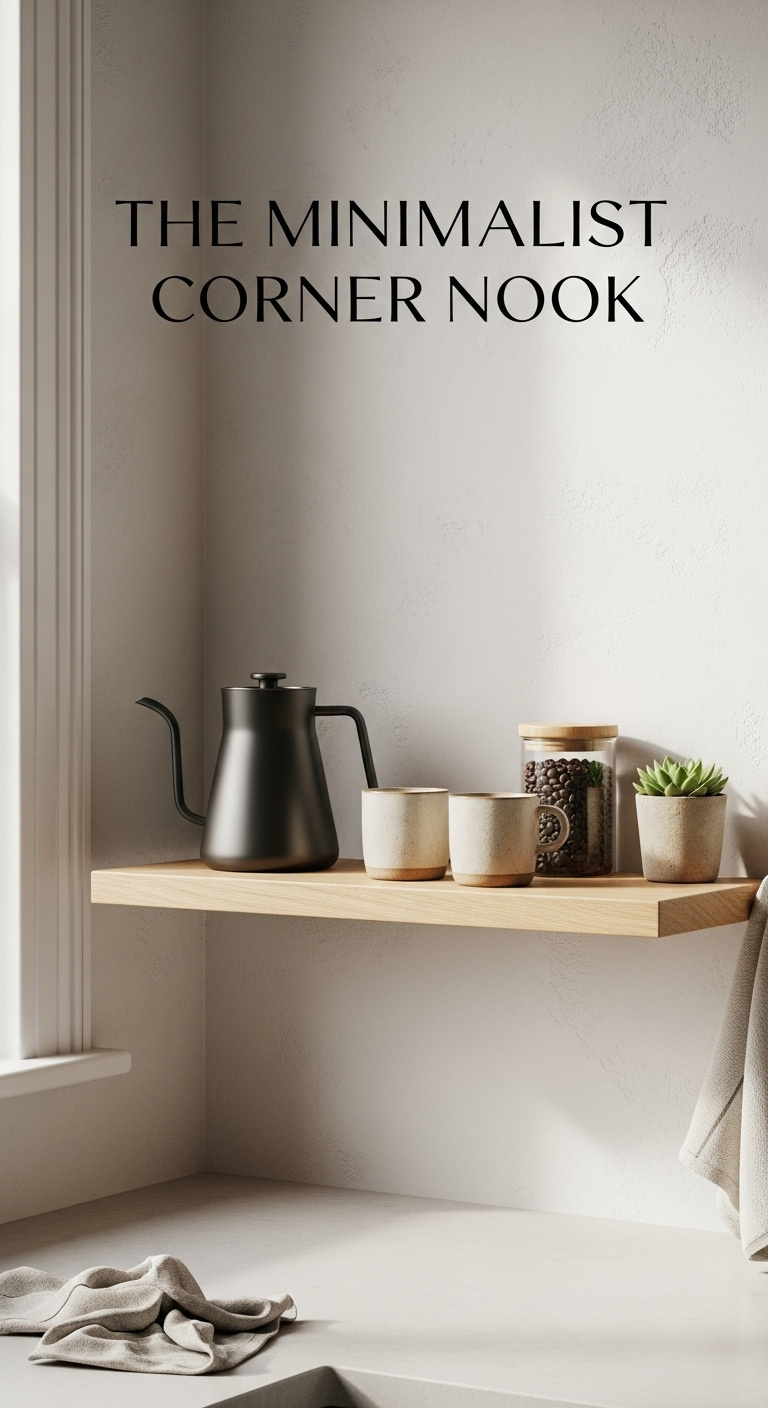 Minimalist Japandi coffee nook with a light oak floating shelf matte black pour over maker ceramic mugs coffee beans and a succulent