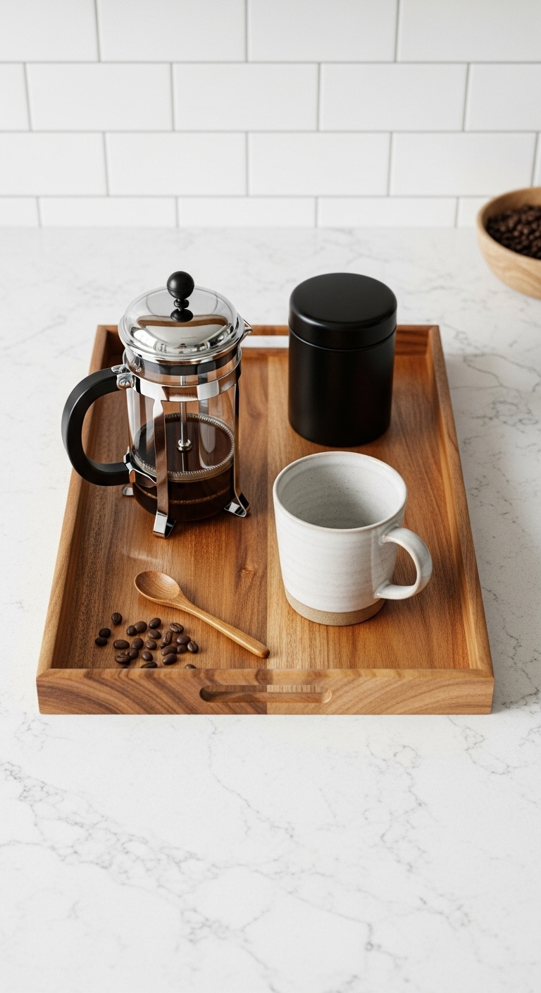Minimalist Japandi countertop tray station with an acacia wood tray glass French press mug coffee canister and spoon