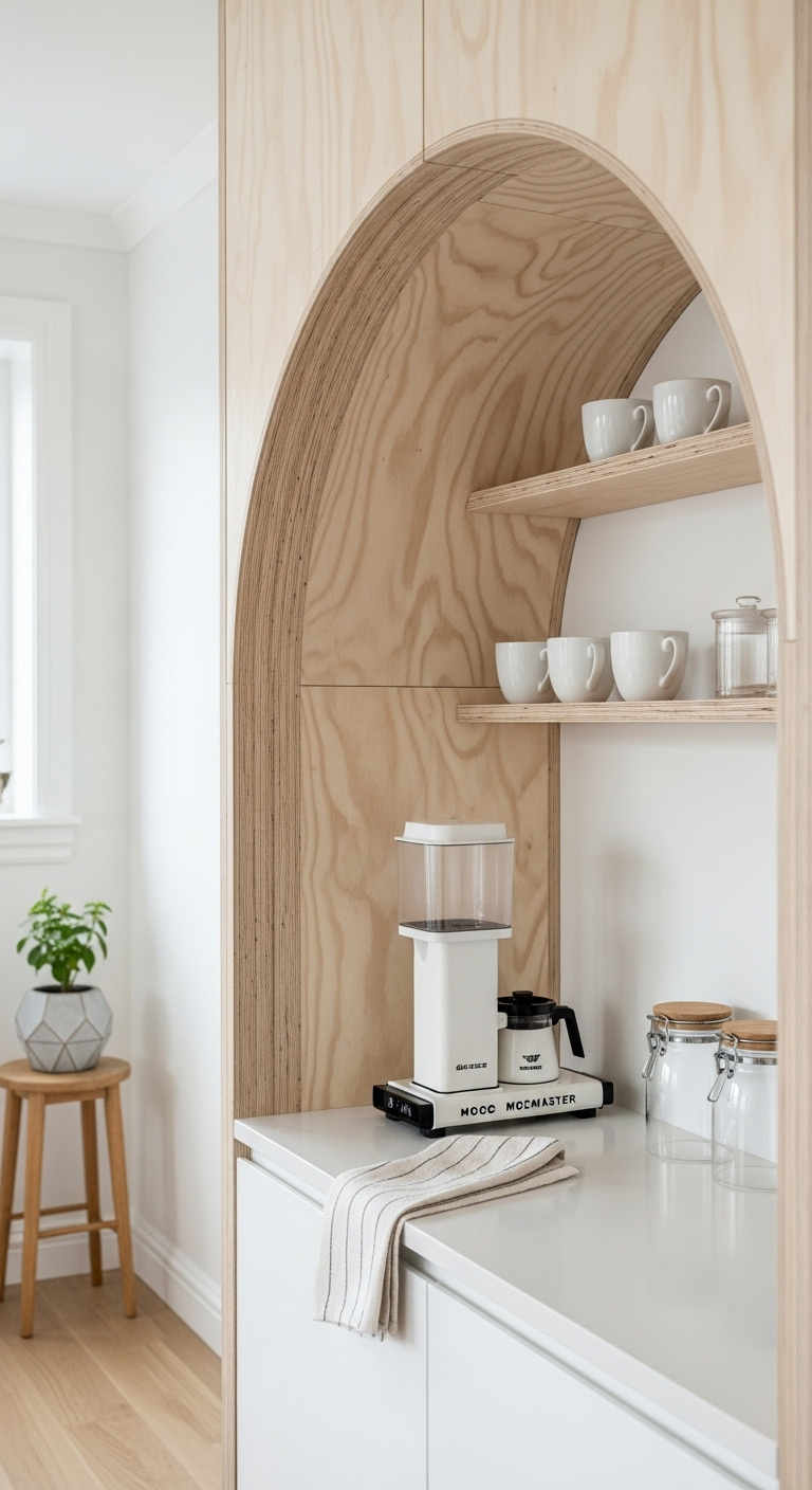 Minimalist Scandi coffee nook with birch plywood arch shelves white mugs and Moccamaster brewer
