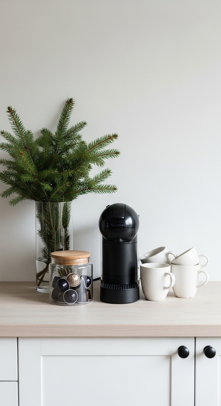 Minimalist and modern Christmas coffee station with a Nespresso machine, white mugs, coffee pods, and evergreen branches