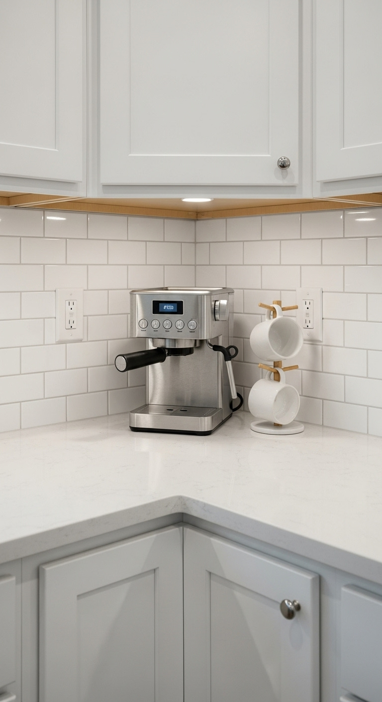 Minimalist coffee bar in a kitchen corner with a stainless steel drip coffee machine and a vertical mug stand on a quartz countertop
