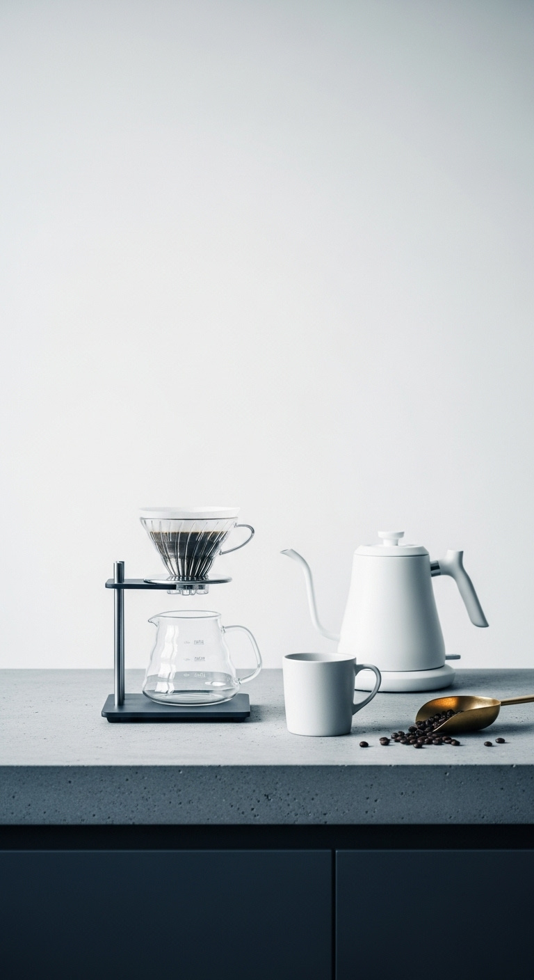 Minimalist coffee setup on a concrete countertop with a pour-over stand glass carafe electric kettle and white mug