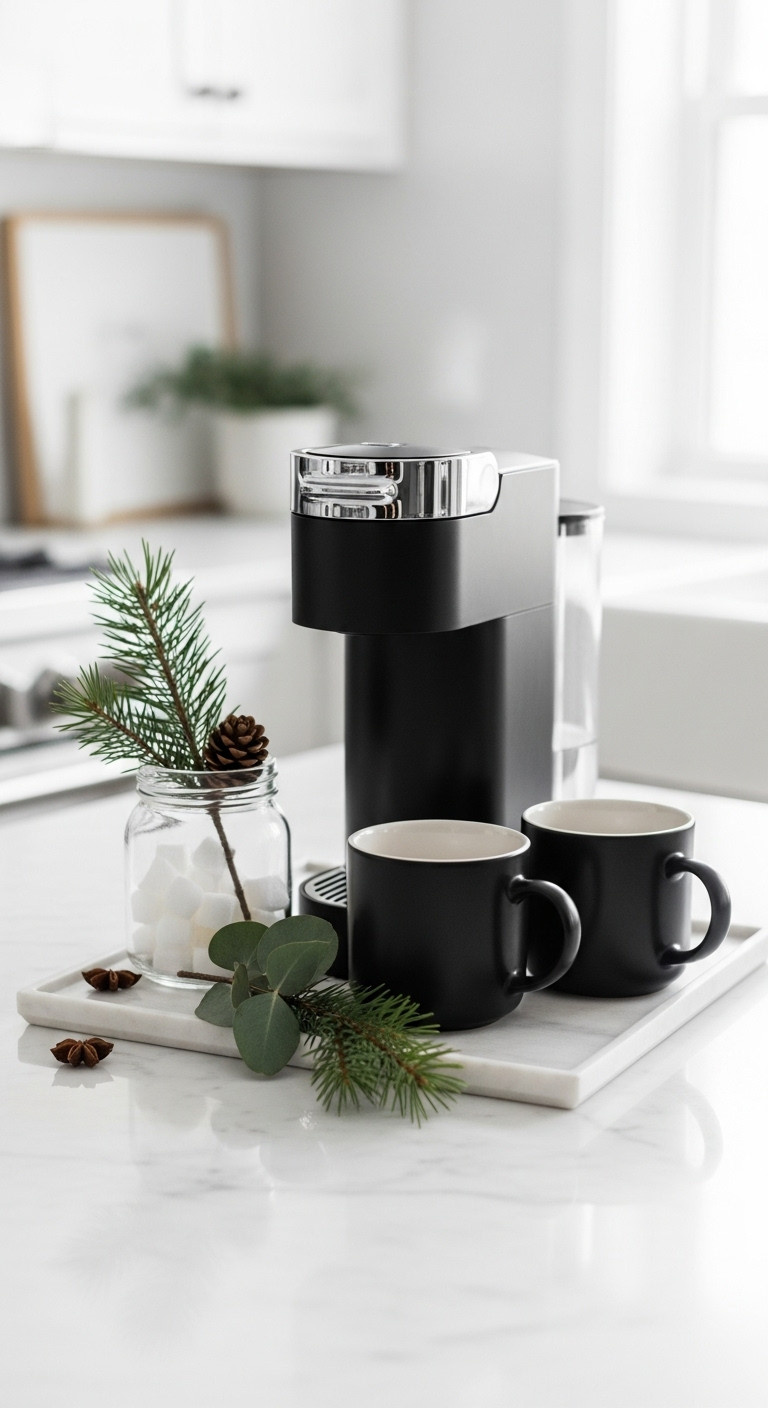 Minimalist coffee setup with a black coffee machine matte black mugs and natural Christmas greenery on a marble tray
