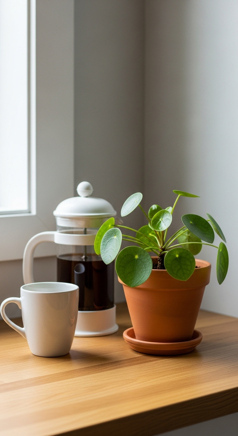 Minimalist coffee setup with a white French press mug and a vibrant green Pilea plant in a terracotta pot on an oak countertop