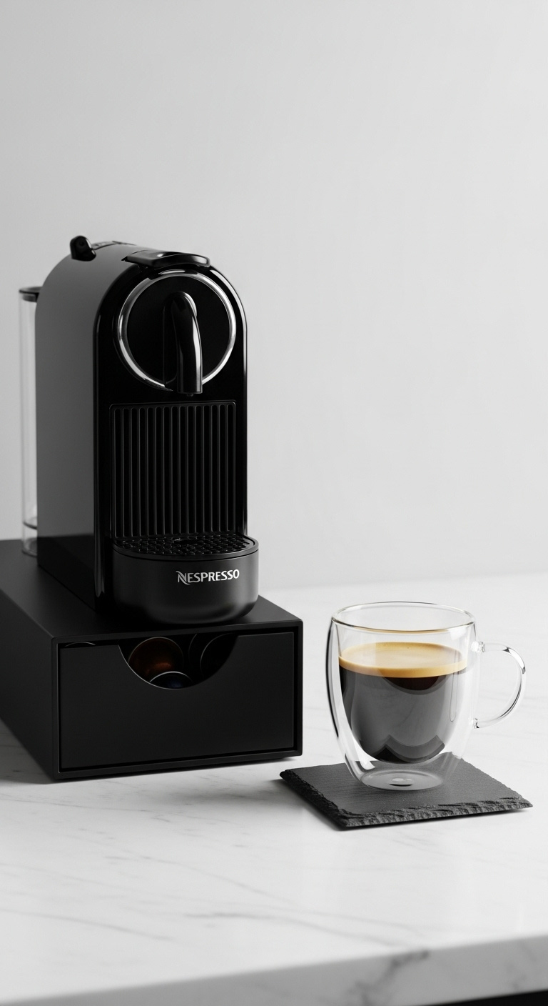 Minimalist coffee station with a sleek black Nespresso machine and a double walled glass mug on a white marble countertop