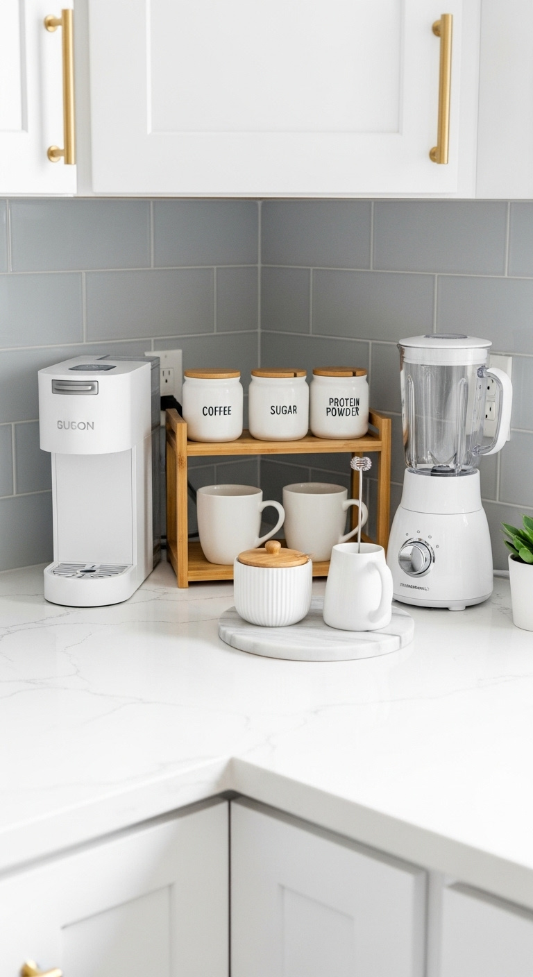 Minimalist countertop corner with white coffee maker, blender, bamboo stand with mugs and canisters, marble tray, and a succulent for a serene atmosphere