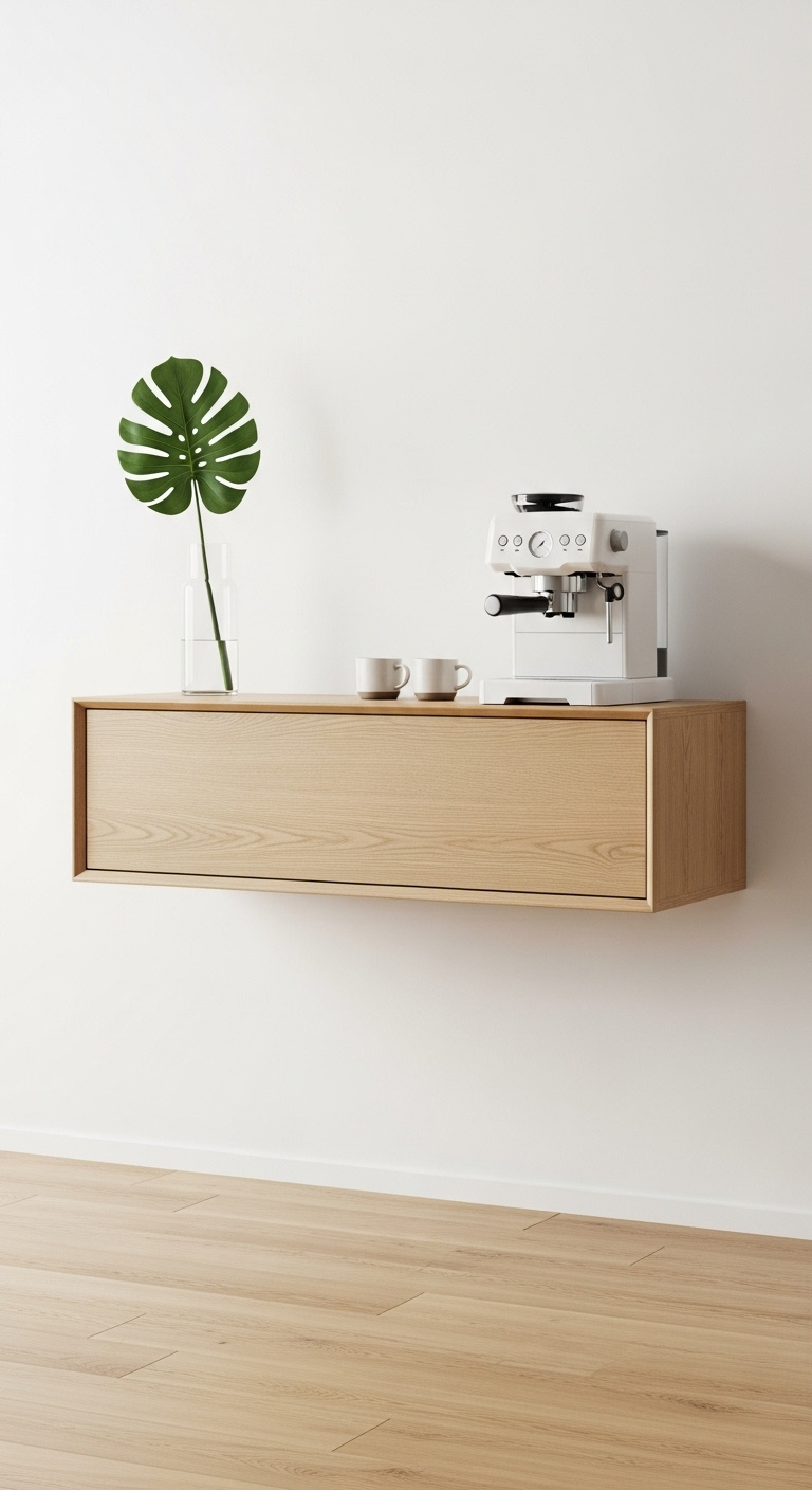 Minimalist floating light oak cabinet coffee bar with white machine handleless cups and green leaf