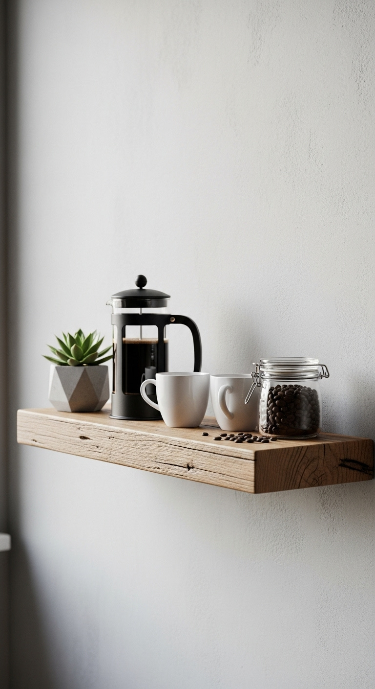 Minimalist floating reclaimed wood shelf on a light gray wall with a black French press white mugs coffee beans and a succulent