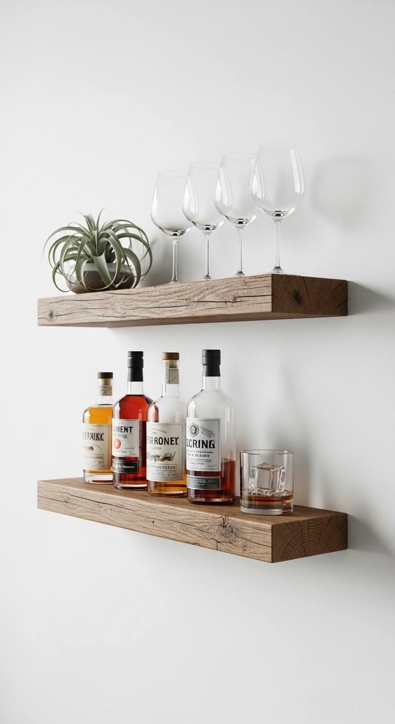 Minimalist floating shelf bar with reclaimed wood shelves holding spirits and wine glasses on white wall