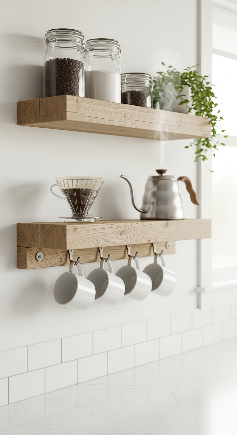 Minimalist floating shelf coffee nook with reclaimed wood shelves pour-over dripper kettle and hanging mugs